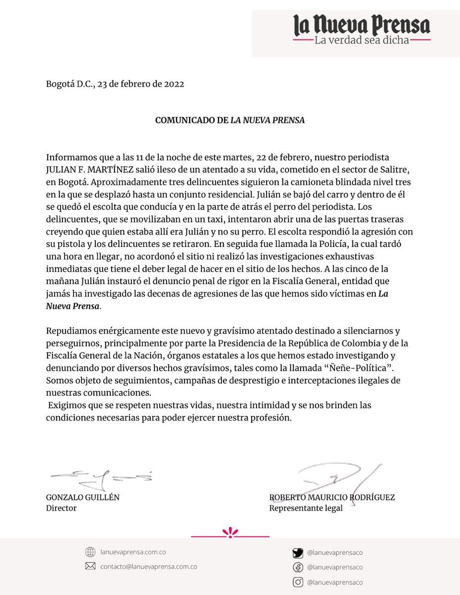 ▶️COMUNICADO DE <a href="/lanuevaprensaco/">La Nueva Prensa</a> sobre el atentado contra nuestro Periodista <a href="/JulianFMartinez/">Julián F. Martínez</a>