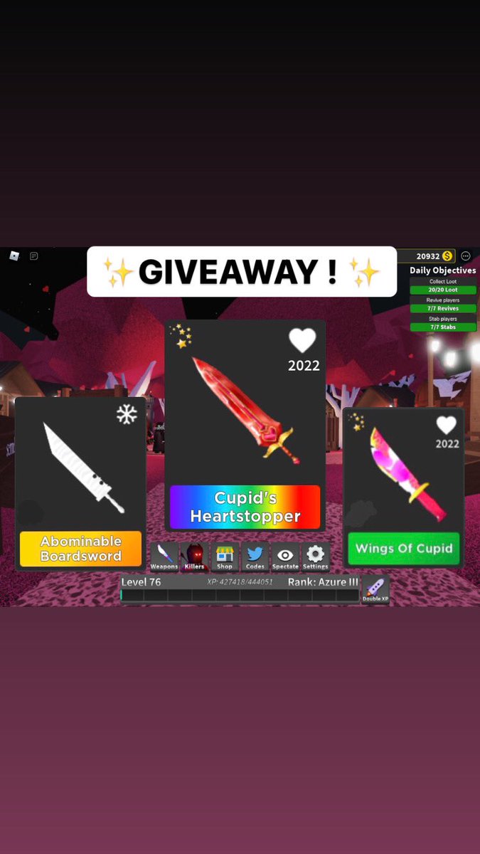 emrhriz's tweet photo. Hey guys ^^

As I promised its gonna be a giveaway for Cupid Heartstopper 💕
Wing of Cupid 2022❤️ and abominable ❄️. It will divided to 3 people. Just put your username here . Winner will be announced in 3 days. Good luck everyone 😊

#survivethekiller #roblox #RobloxDev https://t.co/2yHx6zMqCk