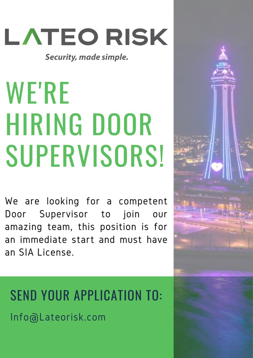 If you hold an SIA License and are looking for an immediate starting Door Supervisor role, please E-Mail: Info@Lateorisk.com
-
#SecurityMadeSimple #FyldeCoast #Blackpool