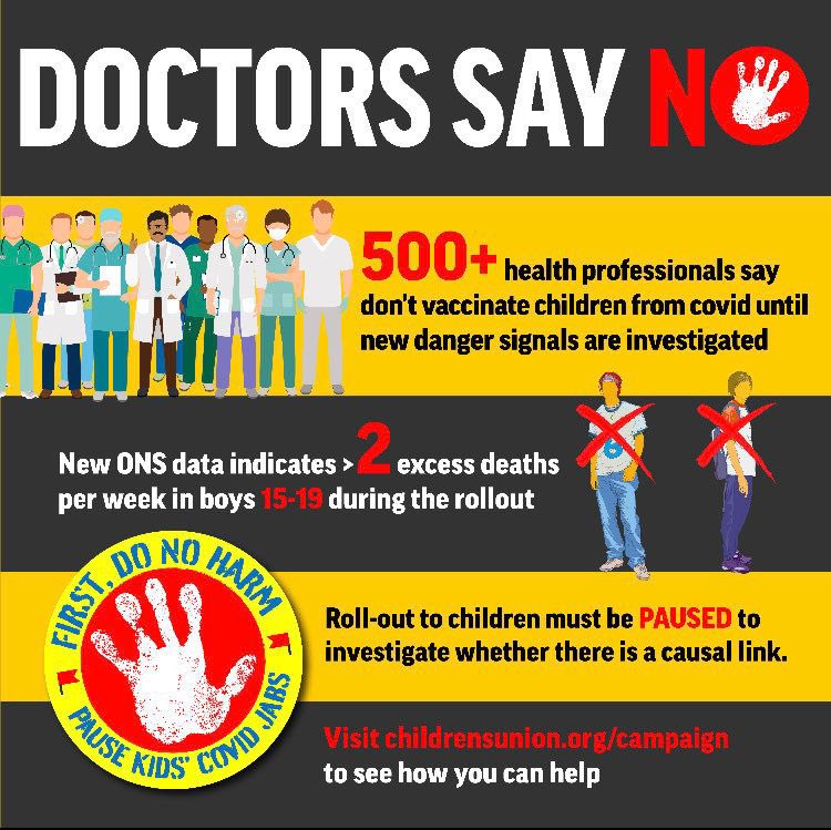 Over 500 health professionals say “don’t vaccinate children from Covid until new danger signals are investigated”

Children’s Union call for pause to Rollout

Tell your MP, GP &amp; parents 

Live event Thurs 4pm Stream link to follow 

Pls share #together

Childrensunion.org/campaign