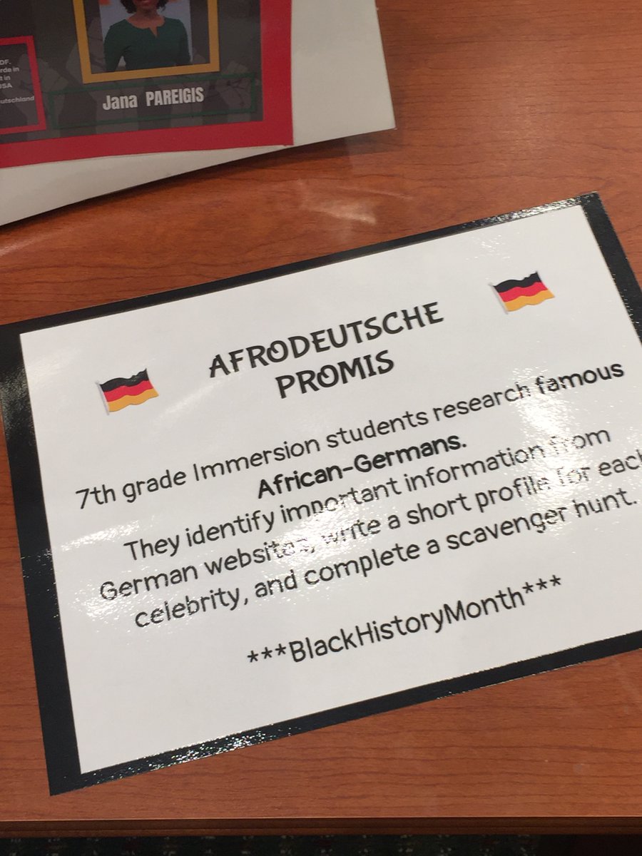 GrandjeanMyriam's tweet photo. Celebrating #BlackHistoryMonth  in German class @PHMSCougars 
🇩🇪 7th grade Immersion students research famous African-Germans, do a scavenger hunt, &amp; create a display for the learning commons
#BHM2022 #TeachGerman

Copy here ➡️ https://t.co/CeIXLhE9tP

@LOWLT @AATGOnline @SCFLTA https://t.co/E9rV0Zy06O