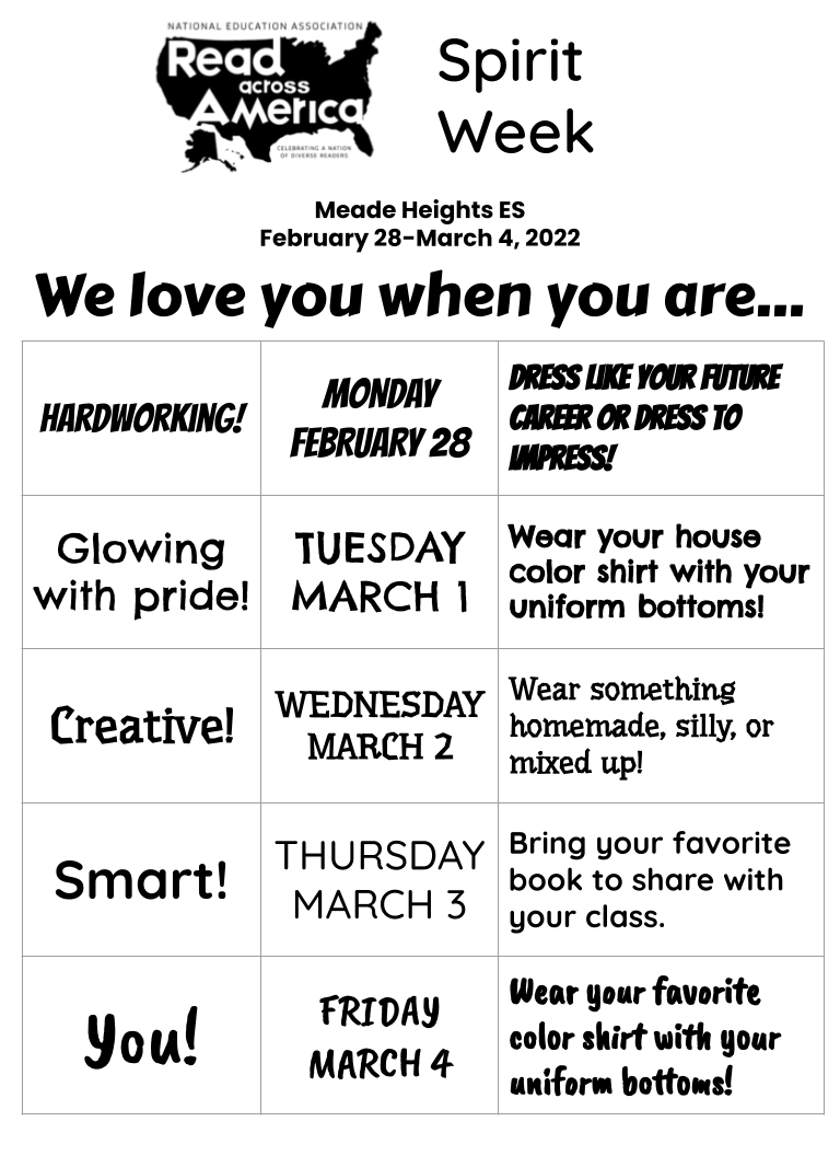 MeadeHgtsAACPS's tweet photo. February 28-March 4 is our Read Across America Spirit Week! See the flyer to plan out your week! #AACPSAwesome #MightyMeade #readersareleaders #ReadAcrossAmerica https://t.co/speou23TpS