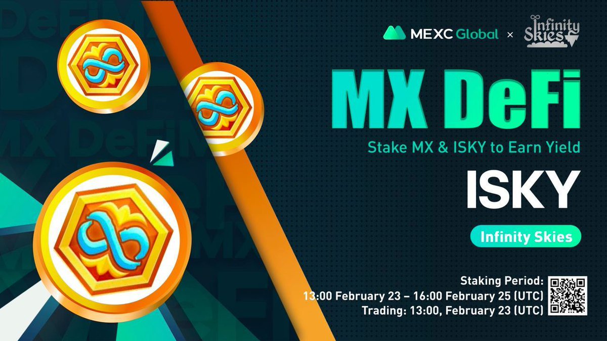 SimonSaysETH's tweet photo. 📈MEXC will list @Inf_Skies in the Innovation Zone under ISKY/USDT pair at 13:00 on Feb 23 (UTC).

🔨Launching MX DeFi - Stake $ISKY and $ISKY to earn liquidity yield on $ISKY

Details: https://t.co/JhChOkntIW

#InfinitySkies #MEXCGlobal #DeFi #BSCGems #CrossChain #BSC https://t.co/K1MoOP7U0n