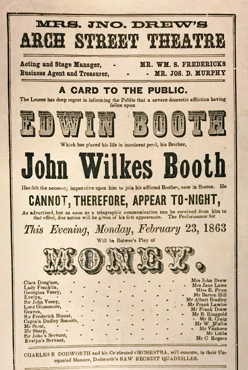 LinConspirators's tweet photo. #OTD Feb. 23, 1863: #JohnWilkesBooth was scheduled to open an engagement in Philadelphia but rushed to Boston to be with this grieving brother #EdwinBooth on account of #MaryDevlinBooth’s death two days earlier. JWB had been the last member of the Booth family to see Mary alive. https://t.co/3yv7o056zu