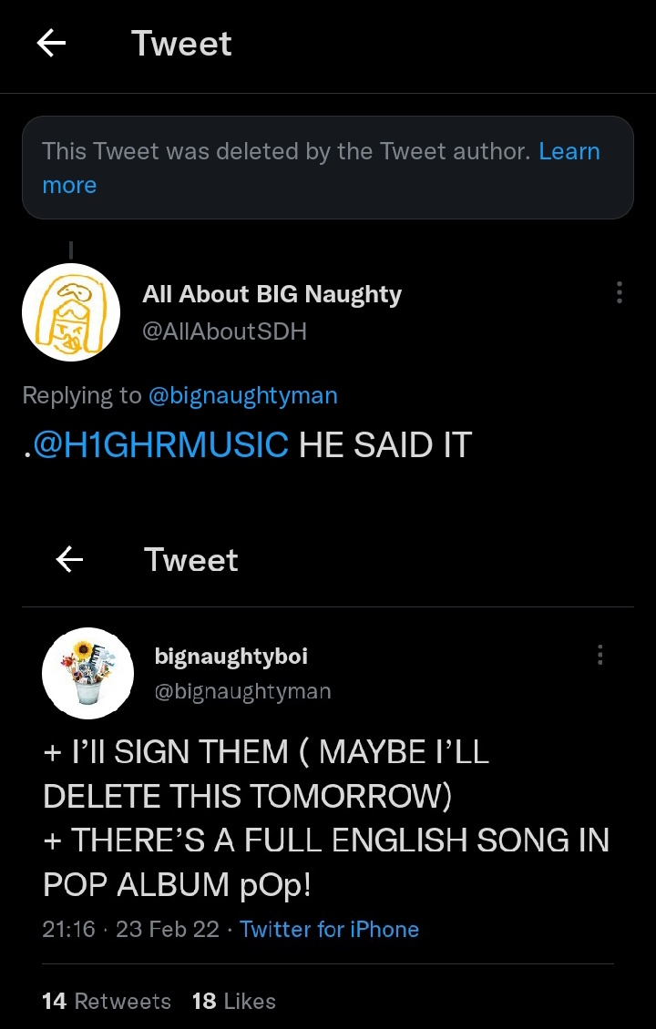 bignaughtyman already deleted the tweet saying he'll sign the album LMAO 😭 BUT MAN SHOULD KNOW HOW TO KEEP HIS WORDS