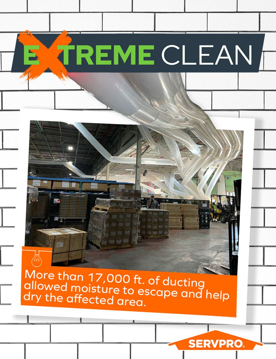 This "extreme clean" is from a water damaged warehouse. SERVPRO needed more than 17,000 ft. of ducting to ensure the dehumidifiers moved the moisture out of the building to help dry the area faster.