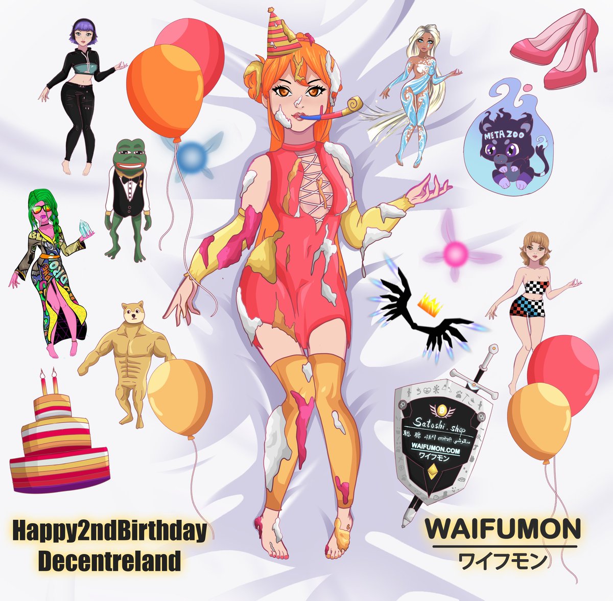 AaronLeupp's tweet photo. FREE @decentraland 2nd Bday @Waifumons NFT to all post wallet # below! It was an amazing party but this poor waifu was waiting inside the cake to pop out and yell surprise! but none of y'all blew out the candles or gave her the que then y'all left and left her trapped :( https://t.co/Pv0RdLOlC4