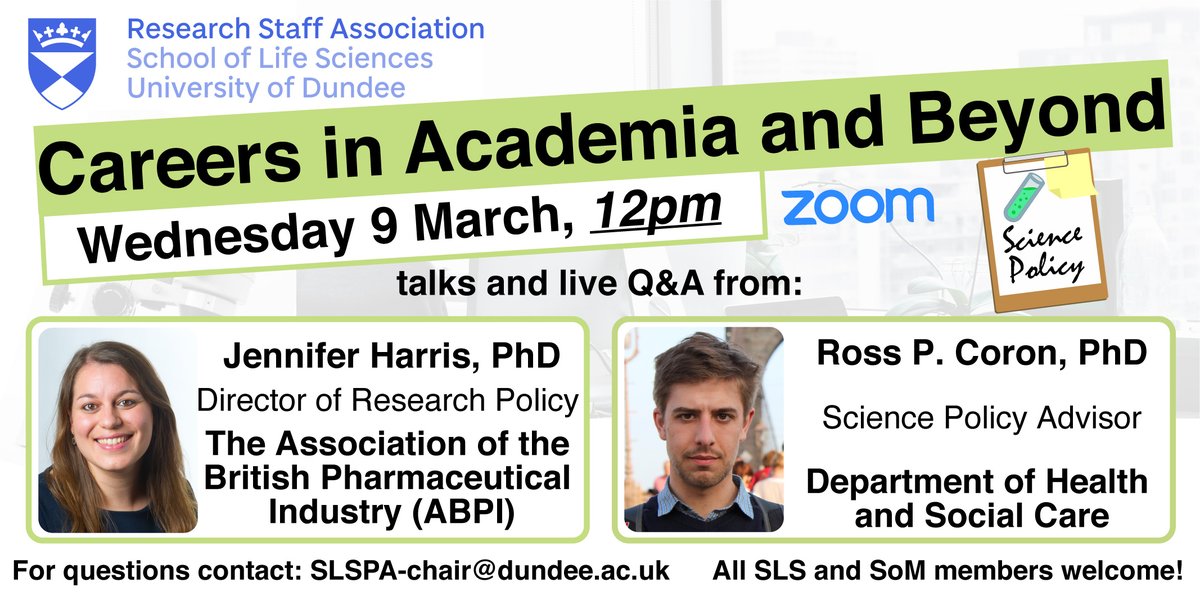 SLSRSA_UoD's tweet photo. 🗓️Wed 9 March🕛12pm - join us virtually as we discuss careers in #SciencePolicy with @jnharris1189 (@ABPI_UK) and @Ross_Coron (@DHSCgovuk). Attendance open to all @UoDLifeSciences and @UoDMedicine members including staff and students. See you then! https://t.co/SqxmsEankn