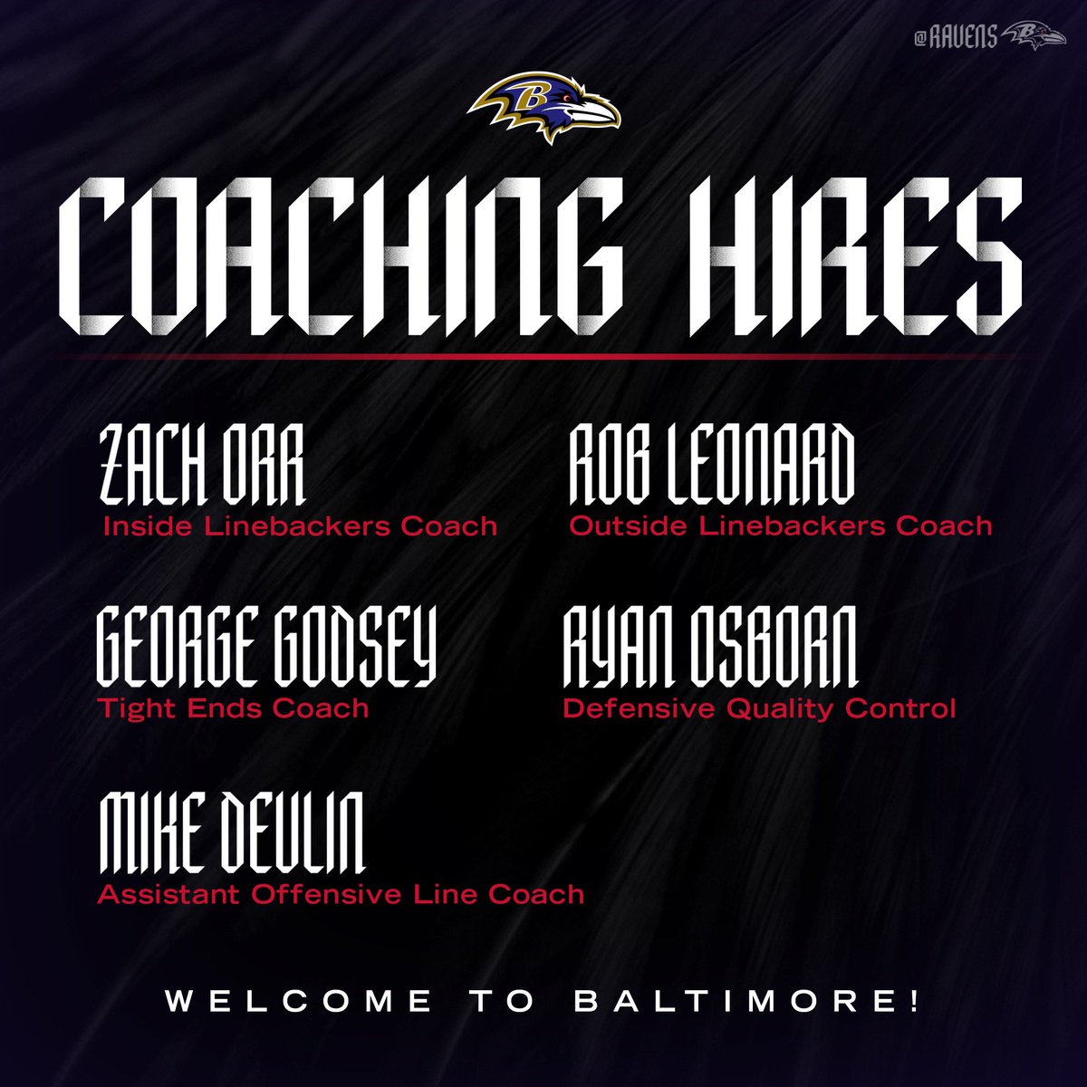 Ravens's tweet photo. We have made five coaching hires.

📰: https://t.co/ThZI04xWOt https://t.co/JA5xXH2LAL