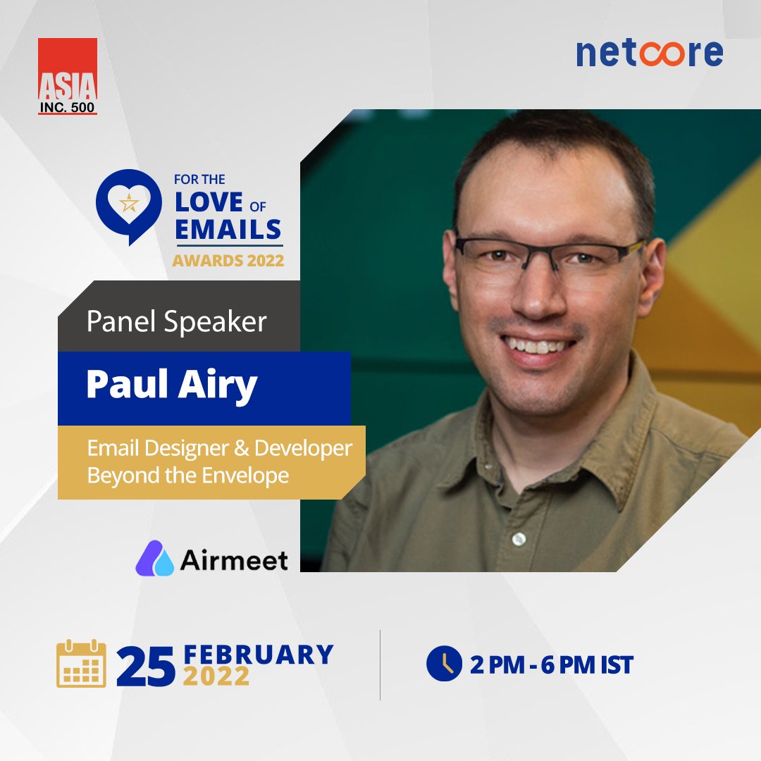 AsiaInc500's tweet photo. We introduce you to @Paul_Airy, Email Designer & Developer at Beyond the Envelope who will be a speaker at For the Love of Emails - Awards 2022. Listen to him speak on some of the significant issues relating to email designing: https://t.co/IH0bwbBCmE
#emailawards https://t.co/zDHyqqBnt9