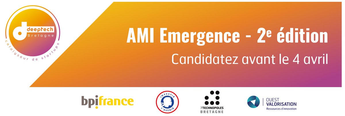🚀Dans le cadre de #DeepTech Bretagne, 7Technopoles Bretagne &amp; SATT Ouest Valorisation lancent la 2ème édition de l'AMI "Emergence"
Vous êtes #chercheur et souhaitez valoriser vos travaux de recherche ? Testez la voie entrepreneuriale !! 
👉Plus d'infos : bit.ly/3507LkY