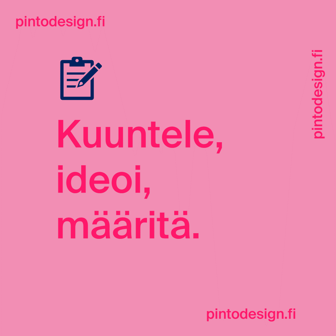 Pinto_Design's tweet image. 3/6 Konseptointi.

Konseptointi tarkoittaa tilan, tuotteen tai palvelun selkeää ja ytimekästä määrittelyä. Konseptoinnin voisi jakaa kolmeen kategoriaan sisällön laajuuden mukaan: kevyt tilakonseptointi, perusteellinen konseptointi ja strateginen konseptointi.