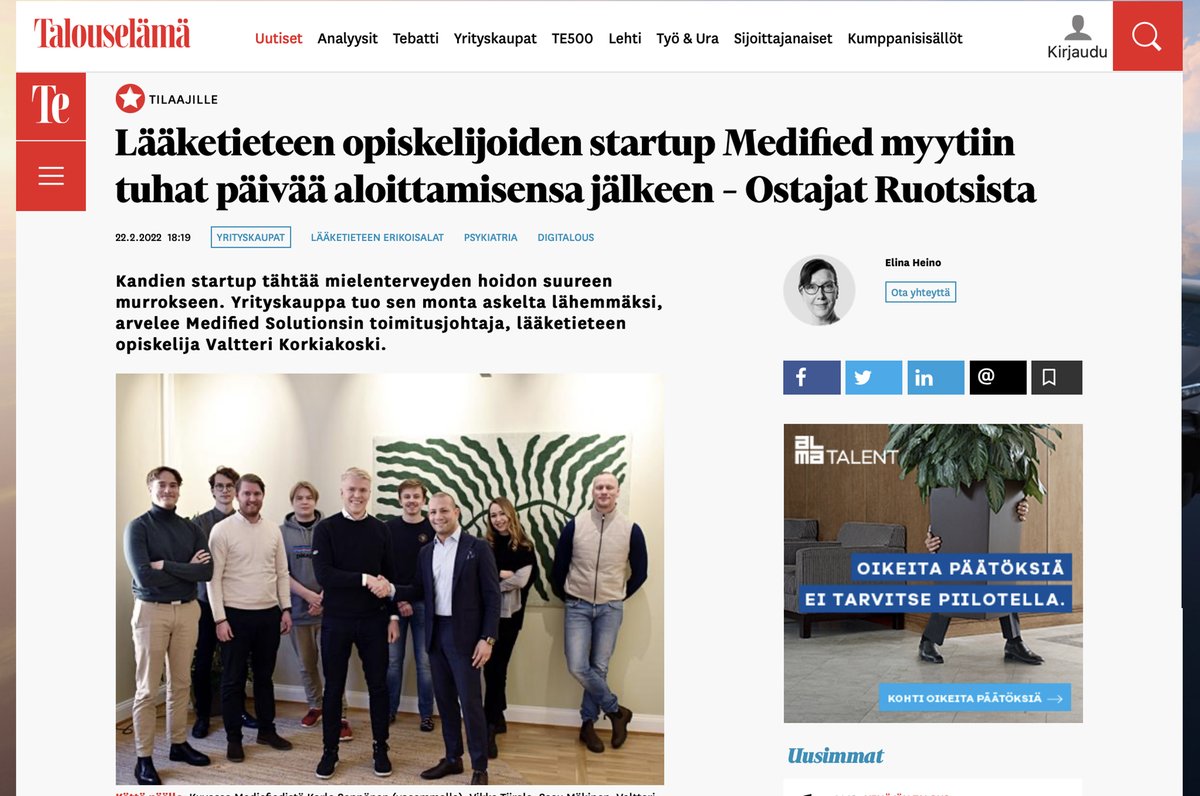 Our news are also featured in the <a href="/talouselama/">Talouselämä</a>  website. 💙
#Medified #Mindler #Mentalhealthcare #talouselämä