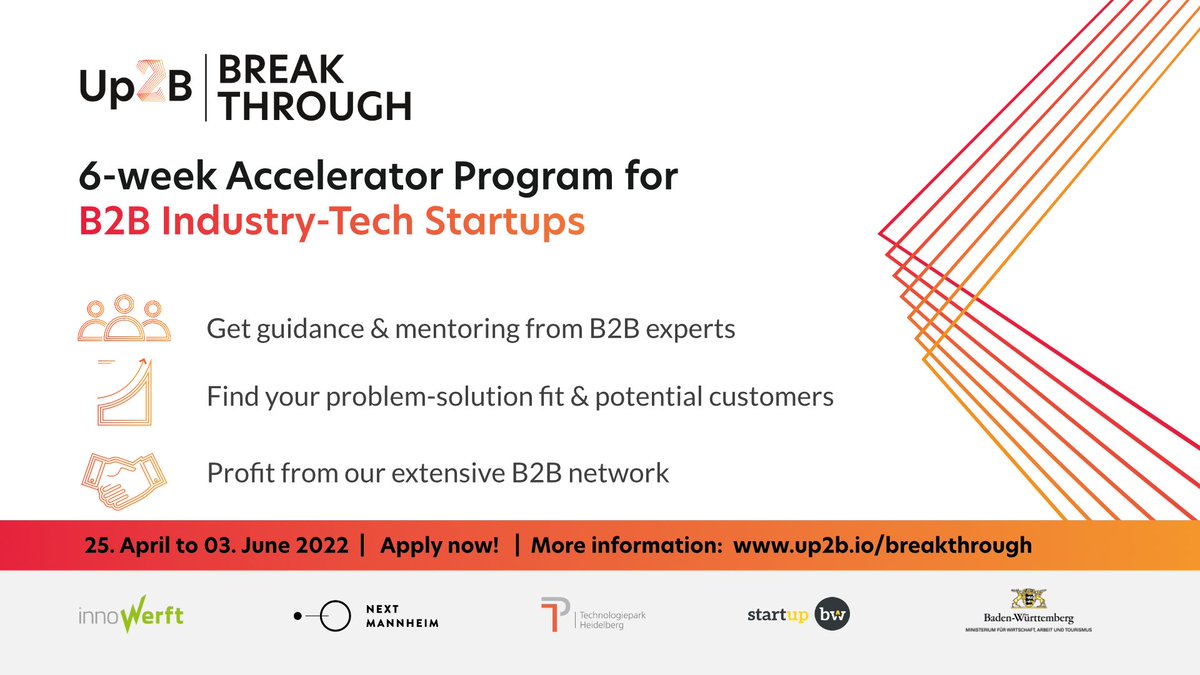 TPHeidelberg's tweet image. If you are right at the start of a terrific #B2B industry tech idea but need help to get a clear picture of the #problemsolutionfit *startupjargon🚀 off*, apply for the Up2B Accelerator Breakthrough program 2022 👉 up2b.io/breakthrough