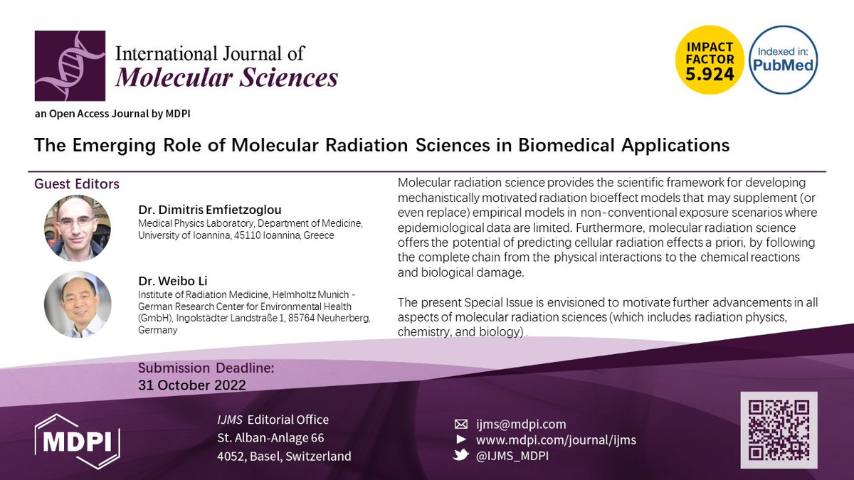 IJMS_MDPI's tweet photo. Dr. Dimitris Emfietzoglou and Dr. Weibo Li are leading this Special Issue "The Emerging Role of #Molecular #Radiation Sciences in #Biomedical Applications" for us, check the website: https://t.co/DLLIC9cCeu and submit your publications!
#nanodosimetry
#microdosimetry https://t.co/Z0TltCob9V