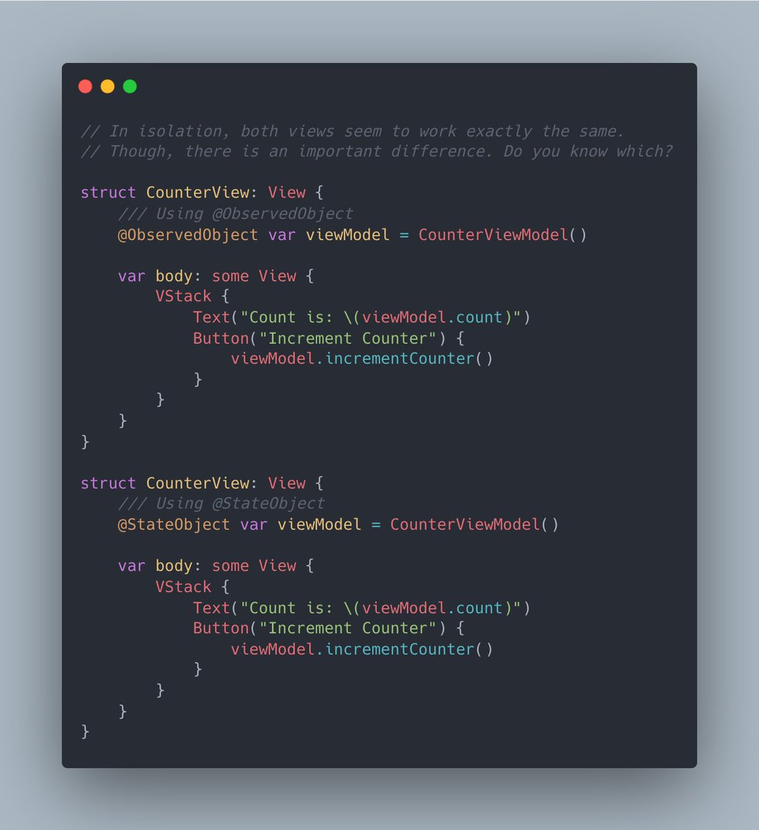 twannl's tweet photo. I really enjoyed writing this article. The difference between StateObject and ObservedObject seems small, but it's an important one to understand while writing apps in SwiftUI.
https://t.co/irheMwo6jn    

#swiftlang #iosdev https://t.co/fjg3z4Xvv8