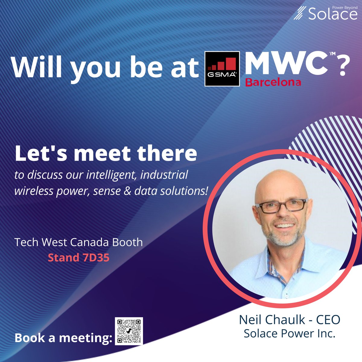 Solace Power Inc. (@solacepower) on Twitter photo Drop us a message to schedule a meeting if you are interested in discussing our revolutionary wireless power technology & applications in 5G telecom, automotive, aerospace, & more at #MWC2022 in Barcelona.
Drop by <a href="/TechWest_CA/">Tech West Canada</a> booth in Hall 7.
#wirelesspower #5G #TechNL Drop us a message to schedule a meeting if you are interested in discussing our revolutionary wireless power technology & applications in 5G telecom, automotive, aerospace, & more at #MWC2022 in Barcelona.
Drop by <a href="/TechWest_CA/">Tech West Canada</a> booth in Hall 7.
#wirelesspower #5G #TechNL