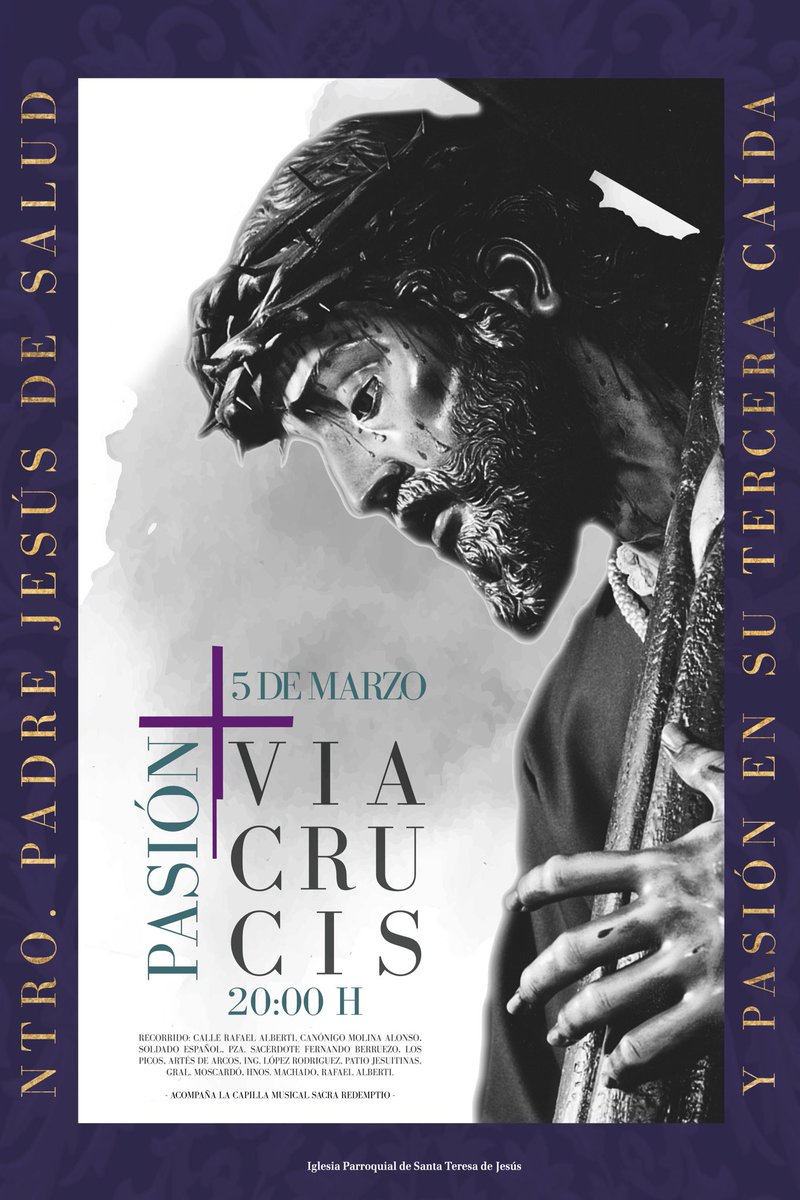 PasionAlmeria's tweet photo. ✝️ VIACRUCIS | El próximo 5 de marzo a las 20h desde nuestra Parroquia de Sta. Teresa, tendrá lugar el Viacrucis por las calles de la feligresía con la imagen del Señor de Salud y Pasión.

📖 Sábado 5 de marzo
⏰ 20h
🎶 @sacraredemptio 

#Cuaresma #Pasión #Viacrucis https://t.co/RtTUrBbua5