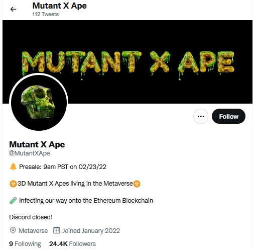 NFTethics's tweet photo. Yes, @MutantXApe (minting today) is a scam. Undoxxed team, empty roadmap, Twitter account with 24k followers in 1 month, closed Discord with 100k members, and their AMA on YouTube was also made private. Apparently they used actors to feature in that AMA.

https://t.co/OlggyatBxr https://t.co/npD1oNZz5s