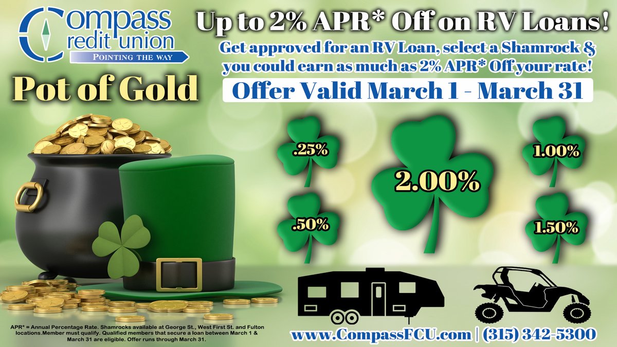 CompassFCU's tweet photo. Interested in an RV this spring?  The Compass Pot of Gold is ready for March!  Secure an RV Loan between March 1 and March 31, select one of our lucky Pot of Gold Shamrocks - and you'll earn a minimum .25% discount and as much as 2%!

Details HERE: https://t.co/uACXdZk5rq https://t.co/OxzXdniF7k