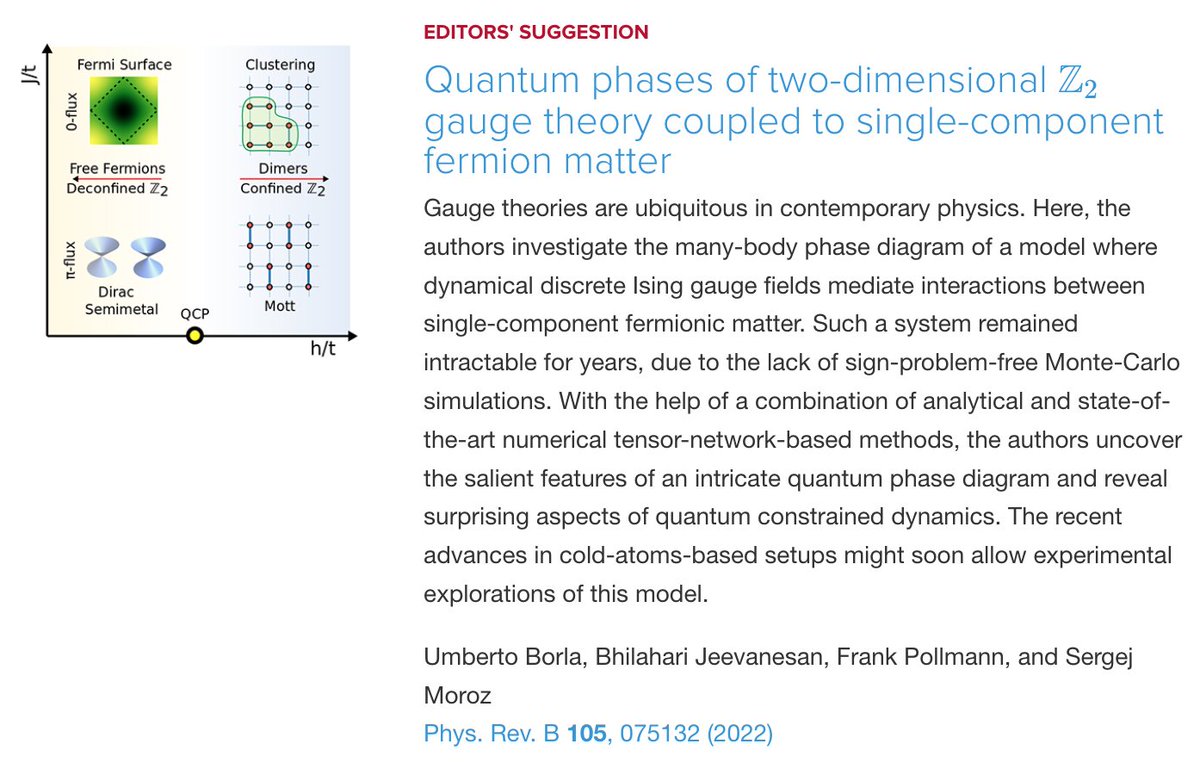 PhysRevB's tweet photo. PRB Editors' Suggestion: #Quantum phases of #two_dimensional #Z2 #gauge_theory coupled to single-component #fermion matter

U. Borla, B. Jeevanesan, F. Pollmann, and S. Moroz
Phys. Rev. B 105, 075132
#physics #condmat #EdSugg @APSPhysics

Article: https://t.co/O9lJVqh2A4 https://t.co/3K3Cg3y74r