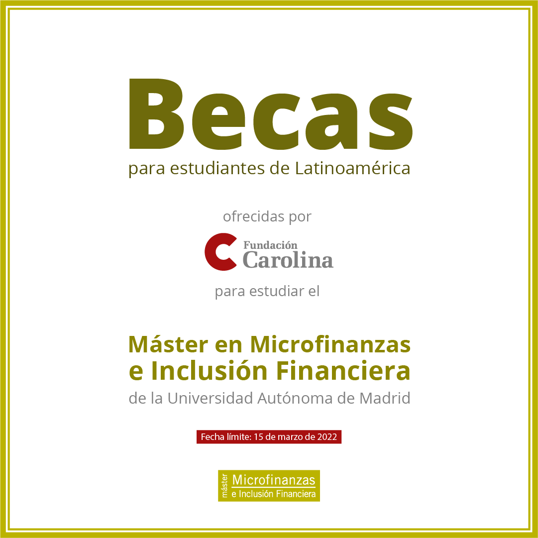 MicrocreditoUAM's tweet photo. 🗣 Ultimas semanas!! #Becas de @Red_Carolina para estudiantes de #Latinoamérica que quieran cursar nuestro máster en #microfinanzas e #InclusiónFinanciera.
Convocatoria: https://t.co/nhn8zRzNGe
#MMeIF #MasterMicrofinanzasUAM #fintech #microcredito #UAM https://t.co/YXZaNaZdAQ