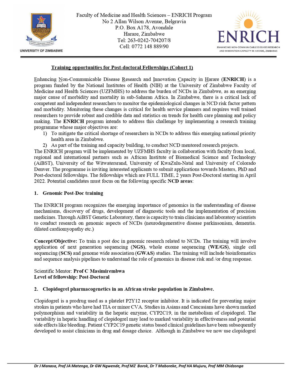 Training opportunities for Post-doctoral Fellowships (Cohort 1) &amp; 
Training opportunities for Masters and PhD Fellowships (Cohort 1)
For more information visit our website (uzchsrsc.ac.zw)
