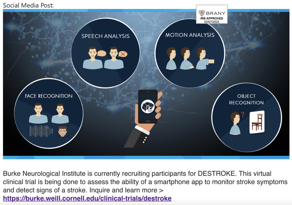 EvanNoch's tweet photo. @BurkeNeuroSci is recruiting participants for DESTROKE. This virtual clinical trial is being done to assess the ability of a smartphone app to monitor stroke symptoms and detect signs of a stroke. Inquire and learn more: https://t.co/9bFaMqNTpn https://t.co/NpUUM4kPy3