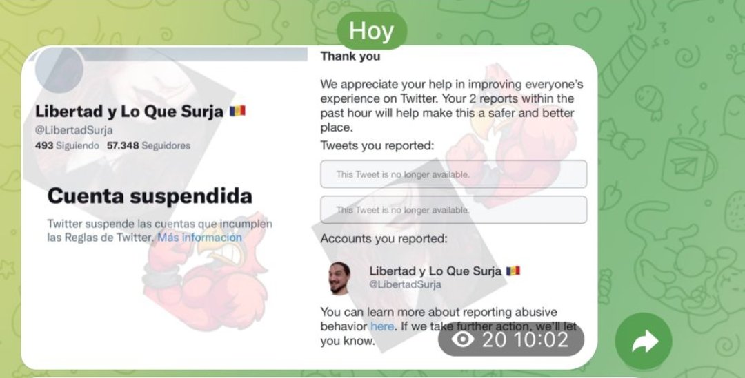 LYLQS_Censurado's tweet photo. ❗Me han SUSPENDIDO la cuenta de Twitter por un chiste❗

Como es costumbre los progres se han organizado para tumbar cuentas de forma fraudulenta y CENSURAR a todo aquel que piense diferente.

SÍGUEME y RT para que se jodan. https://t.co/KgFXQFd0X6