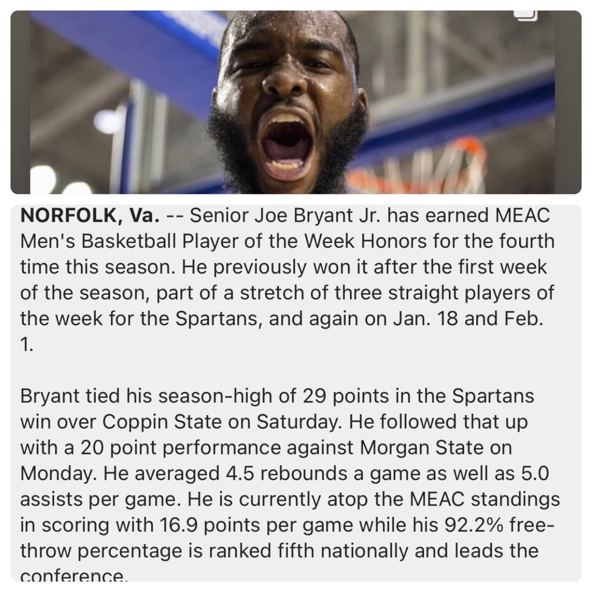 coachbigjoe4's tweet photo. TO ME……..!!!!  JOE BRYANT JR. WAS ARGUABLY THE MOST SLEPT ON GUARDS COMING OUT OF HIGH SCHOOL (2018) IN THE STATE OF VIRGINIA…… A NOW YOU CAN MAKE A CASE THAT HE IS ONE OF THE BEST GUARDS IN THE STATE OF VIRGINIA. 4TH MEAC PLAYER OF THE WEEK THIS SEASON. https://t.co/NrTeSM8Jot