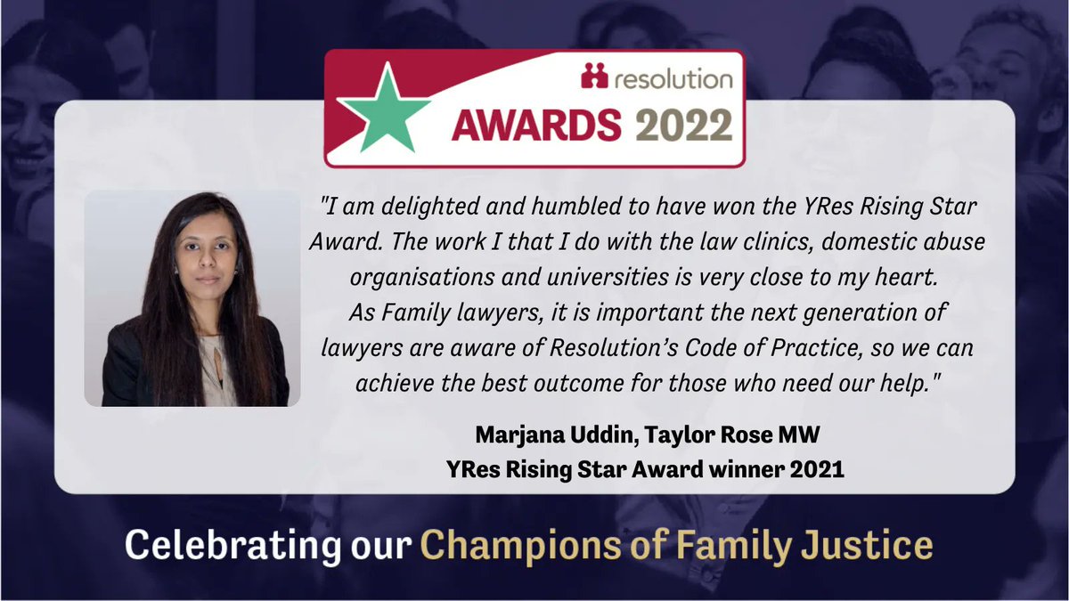 ResFamilyLaw's tweet photo. Calling all YRes members.. Hear from @marjana_uddin what winning the YRes #ResolutionAwards meant. If you've got a rising star in your team, why not nominate them (or yourself) for a YRes Rising Star Award. Entries close on Monday 28 Feb. Full details ->https://t.co/ZmDaC8qQSJ https://t.co/lCsgp3dkw9