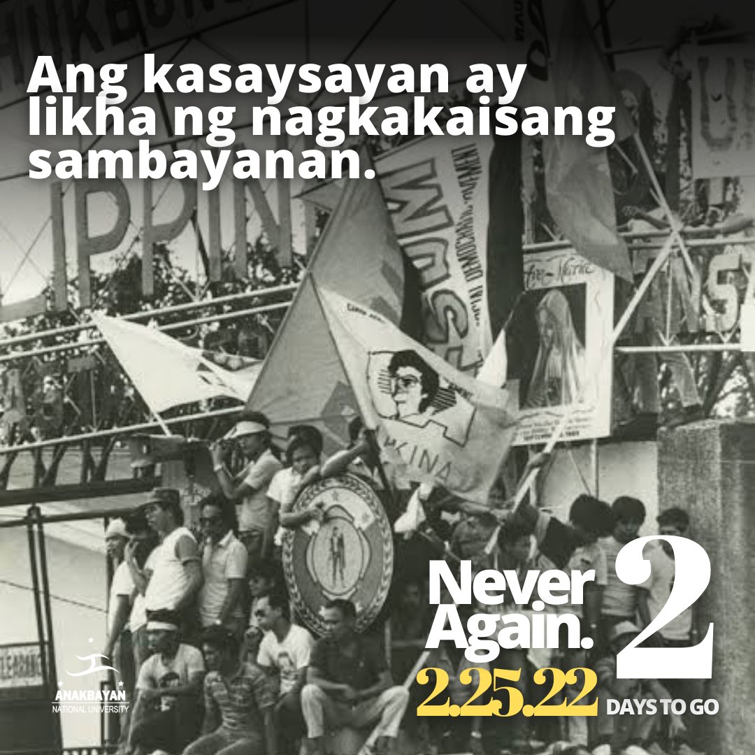ABNationalU's tweet photo. Dalawang araw na lamang ang nalalapit bago ang ika-36 na anibersaryo ng EDSA People Power Movement na sumiklab mula sa humigit dalawang dekadang paniniil at pang-aabuso sa mamamayang Pilipino sa ilalim ng batas militar ni Ferdinand Marcos. 

#NeverAgain https://t.co/DjBMpNTAMy
