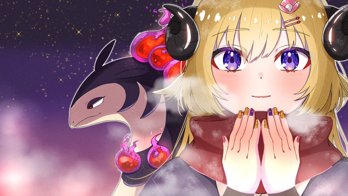 tsunomaki watame pokemon (creature) 1girl blonde hair horns scarf purple eyes crossover  illustration images