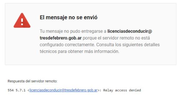 luliscala's tweet photo. @Municipalidad3F @Municipalidad3F me indicaron en la muni enviar mail a Licencias, y vuelve rechazado con el siguiente mensaje. El teléfono de la muni se corta dsp del automensaje, nadie atiende. Cómo hago para comunicarme? Gracias!! https://t.co/a0xGjmNJZl