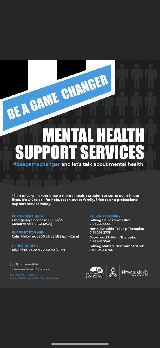 NUFC360's tweet photo. Never forget there’s always help available.
We never want any Newcastle fan to feel they are alone.
@NU_Foundation have many people who can help with their amazing #BeAGameChanger campaign.

If you need to talk here are details of people who are ready to speak to you. https://t.co/yFBaOTvU37