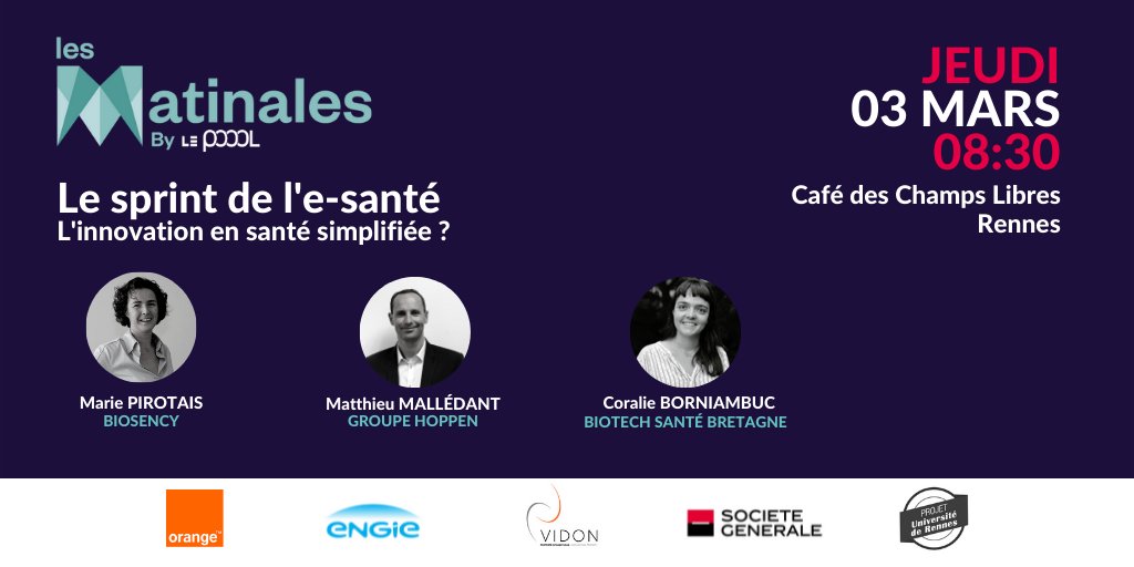 ☕️[#LesMatinalesLePoool] Le sprint de l’e-Santé : l’innovation en santé simplifiée ?
Commencez votre journée par une dose d’inspiration (et de #réseau !) avec <a href="/biosency/">biosency</a> <a href="/Hoppen_Care/">HOPPEN</a> @biotech_sante
🗓 3 mars
⏰ 8h30
📍 Café des Champs Libres à #Rennes
➡️ lepoool.tech/inscription-a-…