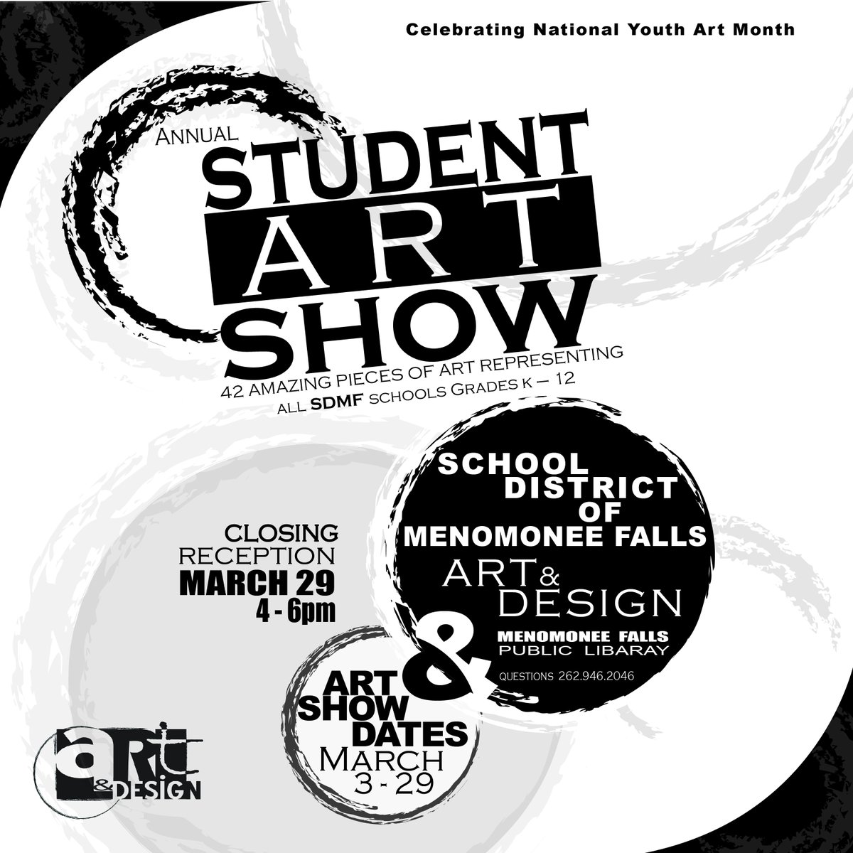 Celebrate #NationalYouthArtMonth! Check out the talented SDMF student artists at the Annual Student Art Show,  featuring 42 pieces of art representing all SDMF schools, K-12,  @MFallsLibrary.