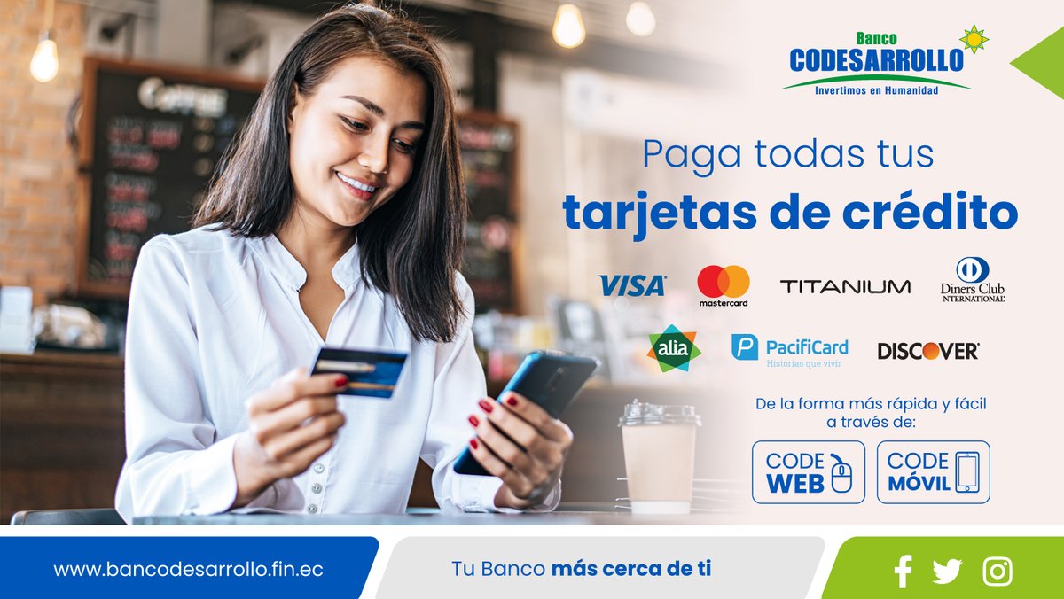 BanCodesarrollo's tweet image. 💳 Paga todas tus tarjetas de crédito de la forma más rápida y fácil a través de #CodeWeb 💻 y #CodeMóvil📱
#BancoCodesarrollo #TuBancoMásCercaDeTi #InvertimosEnHumanidad