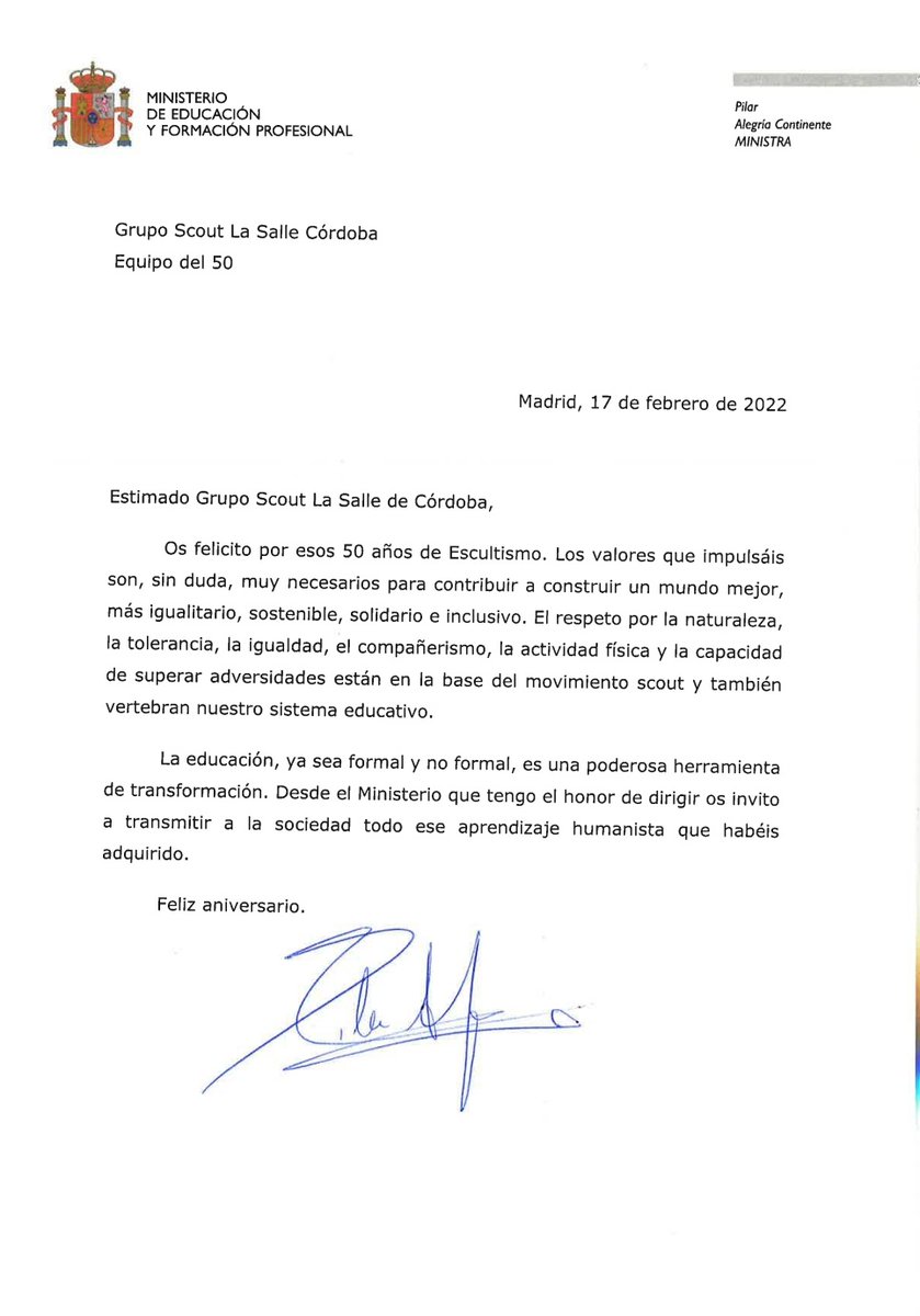 Agradecemos a la ministra <a href="/Pilar_Alegria/">Pilar Alegría</a> , de <a href="/educaciongob/">Ministerio de Educación, FP y Deportes</a> su felicitación por nuestro 50 aniversario! 
Agradecidos de que la labor que realizamos todos los que formamos parte en <a href="/scoutsfee/">Escultismo en España</a> quede recogida en tan cariñosa felicitación que hacemos extensible al resto. Seguimos!⚜️