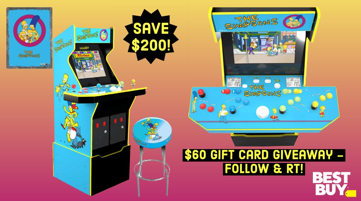 videogamedeals's tweet photo. Save $200 on The Simpsons arcade cabinet; includes matching stool and tin sign. Up to 4 players can play this 30th anniversary re-creation from Arcade1Up.

Follow us &amp; RT for a chance to win a $60 Best Buy gift card! Ends tonight at 9PM EST. #sponsored

https://t.co/vqHE0MKoHt https://t.co/0CKyWpvSpe
