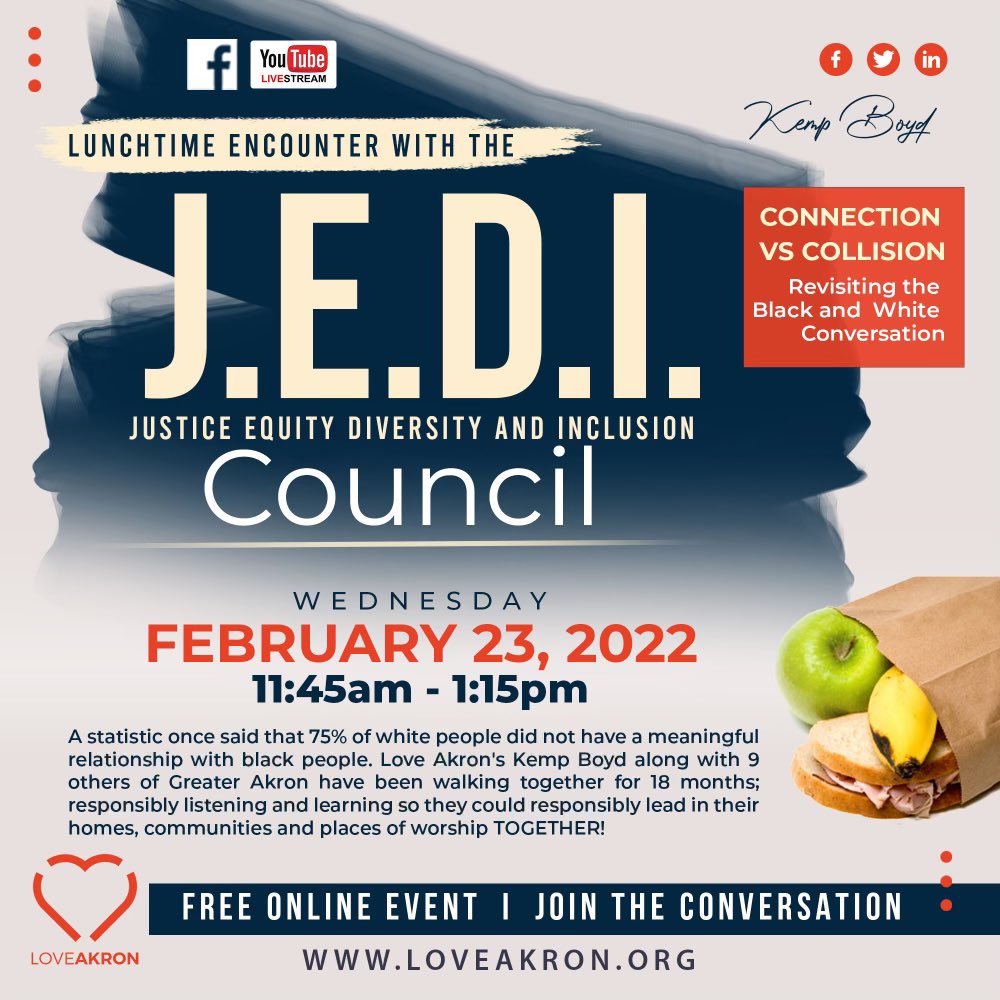 During lunchtime today we will be offering our Connection vs. Collision conversation. Our J.E.D.I. Council will be talking what it looks like to form and keep meaningful relationships through racial divides from a place of understanding.