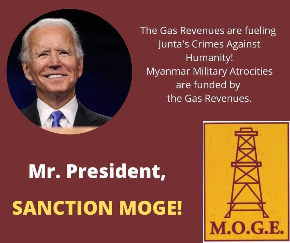 ZarmaniZN's tweet photo. Oil and gas revenues through Myanma Oil and Gas Enterprise (MOGE) fund the junta war crimes. We demand US,UK and Australia to  sanction MOGE immediately. EU has already sanctioned it . Now it is your turn Mr.Biden
#WhatsHappeningInMyanmar
#US_SanctionMOGE https://t.co/SRnShnyD9t