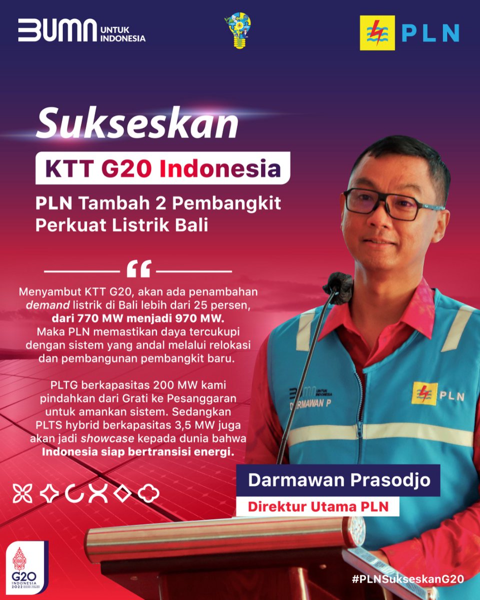 danieltompull's tweet photo. Kesuksesan penyelenggaraan G20 Indonesia akan menjadi bukti keandalan listrik PLN dalam mendukung kegiatan berstandar dunia. Oleh karena itu, PLN harus melakukan persiapan yang matang 
#PLNTerangiG20 #PLNSukseskanG20 #G20Indonesia #PLNSupportG20Indonesia #PLN #G20 https://t.co/PjT1iUXzJU