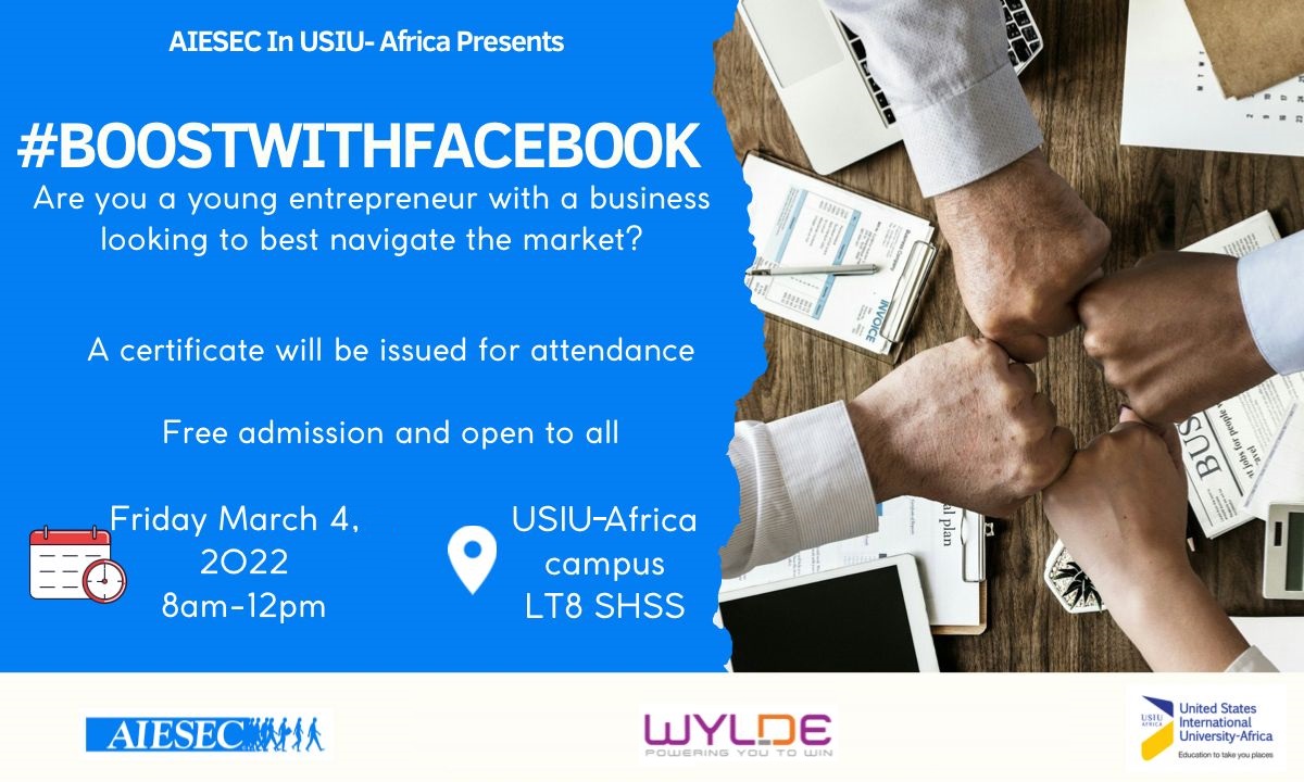 ExperienceUSIU's tweet photo. Are you a young entrepreneur with a business?
Are you looking for mentorship opportunities to best navigate the environment and market?
If so, AIESEC in USIU-Africa is inviting you for #BoostWithFacebook networking event.
Date: Friday, March 4,
Time: 8am~12noon, at LT8, SHSS https://t.co/U1WOXGN8co