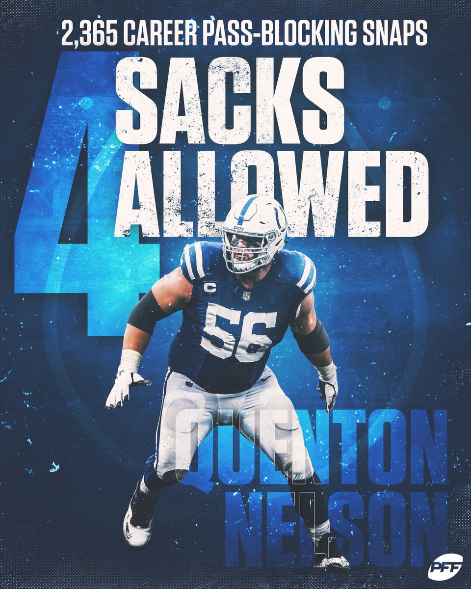 PFF's tweet photo. 4 seasons
4 sacks allowed 

Quenton Nelson is unreal 🤯 https://t.co/HfpkrrB1ME