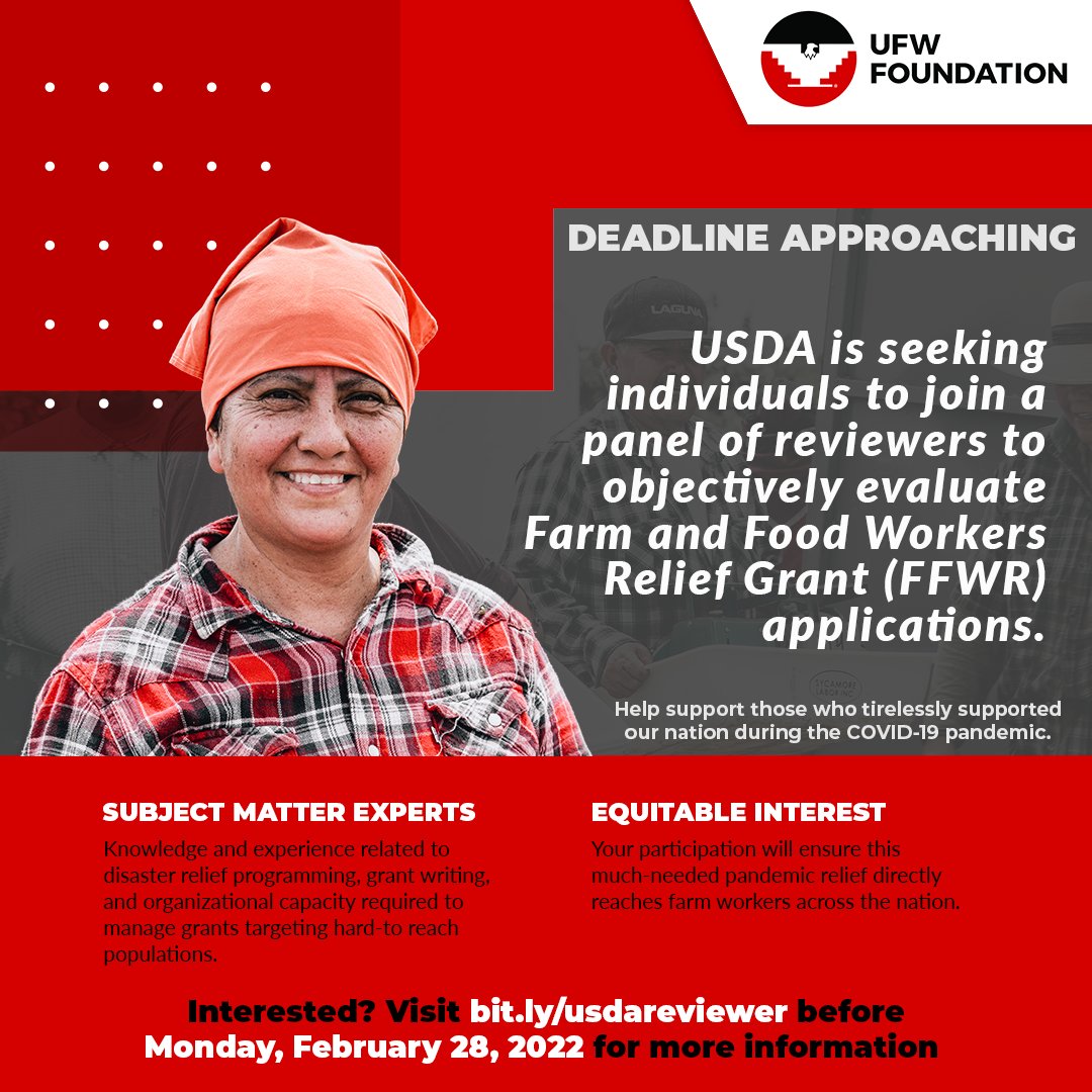 ufwfoundation's tweet photo. ‼️ DEADLINE APPROACHING ‼️
USDA AMS is seeking subject matter experts with experience as Panel Chairs & Reviewers to help evaluate submitted Farm & Food Workers Relief Grant Program (#FFWR) applications.
If interested go to https://t.co/kHQw0aX5IJ before Monday, Feb, 28. https://t.co/ksC2GmhyBO