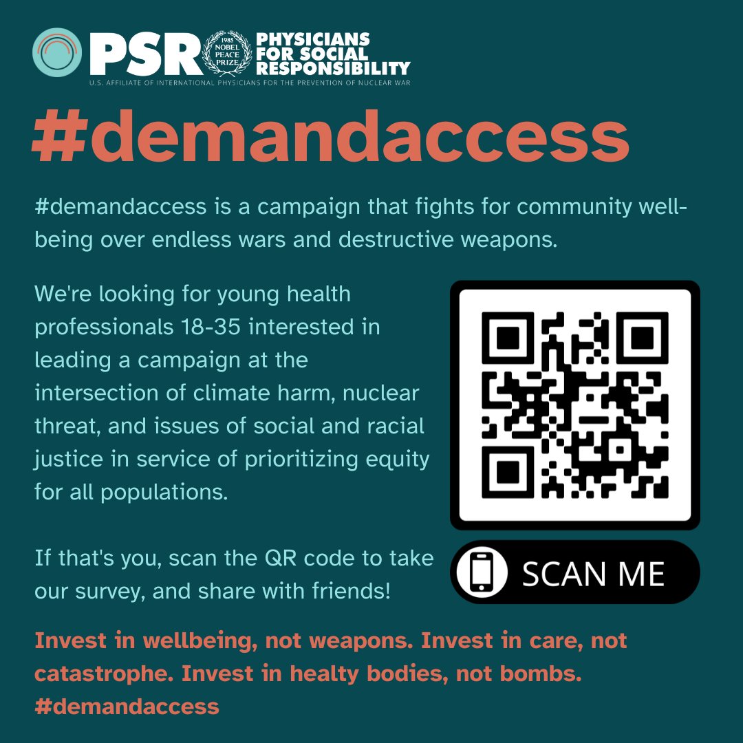 APHAStudents's tweet photo. Calling all health professionals: Do you care about the intersections of health, justice, the environment, &amp; safety? If so, apply now to lead @PSRnuclear #DemandAccess campaign: https://t.co/JtJqJ7HaVp https://t.co/SeVdCR1RWY