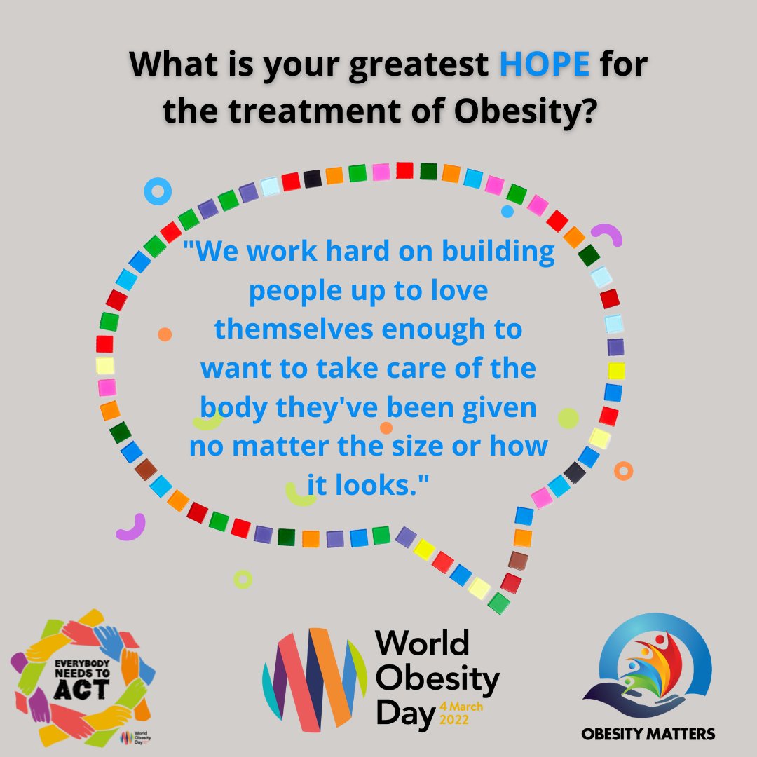 ObesityMatters's tweet photo. What is your greatest HOPE for the treatment of obesity? We want to hear about it! Write a comment below and tell us what's on YOUR mind when it comes to this topic.
#WorldObesityDay #EverybodyNeedsToAct #WOD2022 #obesitysupport #advocatingforequality https://t.co/jd7SjG6YFx