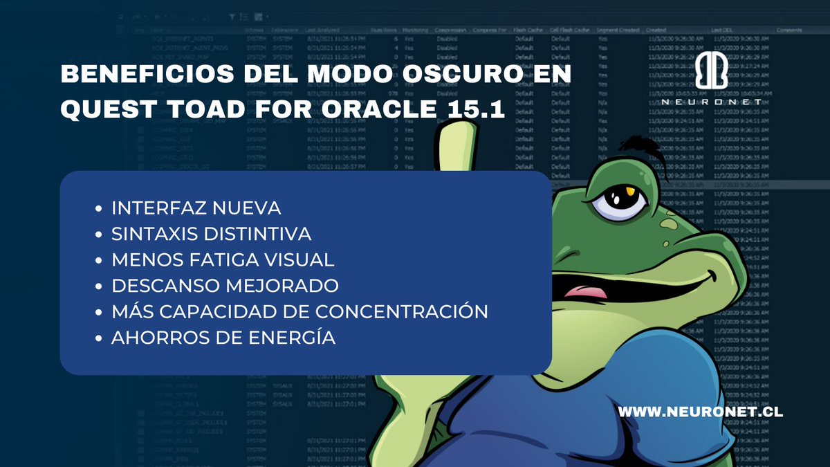cl_neuronet's tweet photo. 😀🐸Toad for Oracle incorporó una nueva opción para seleccionar diferentes esquemas de colores, incluida una variedad de esquemas de colores oscuros. Como resultado, podemos elegir entre 27 combinaciones de colores diferentes.

#oracle #data #toad #quest #toadfororacle https://t.co/5mVVJOvWOK
