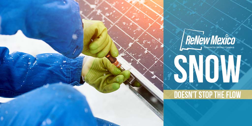 Re_NewMexico's tweet photo. A common concern we hear regarding solar energy is that it is unreliable in the winter and on cloudy days. Not only do the panels generate electricity on cloudy days but they also benefit from the sunlight’s reflection off of snow! 
#renewableenergy #windenergy #solarenergy https://t.co/yhUxCC7pbw